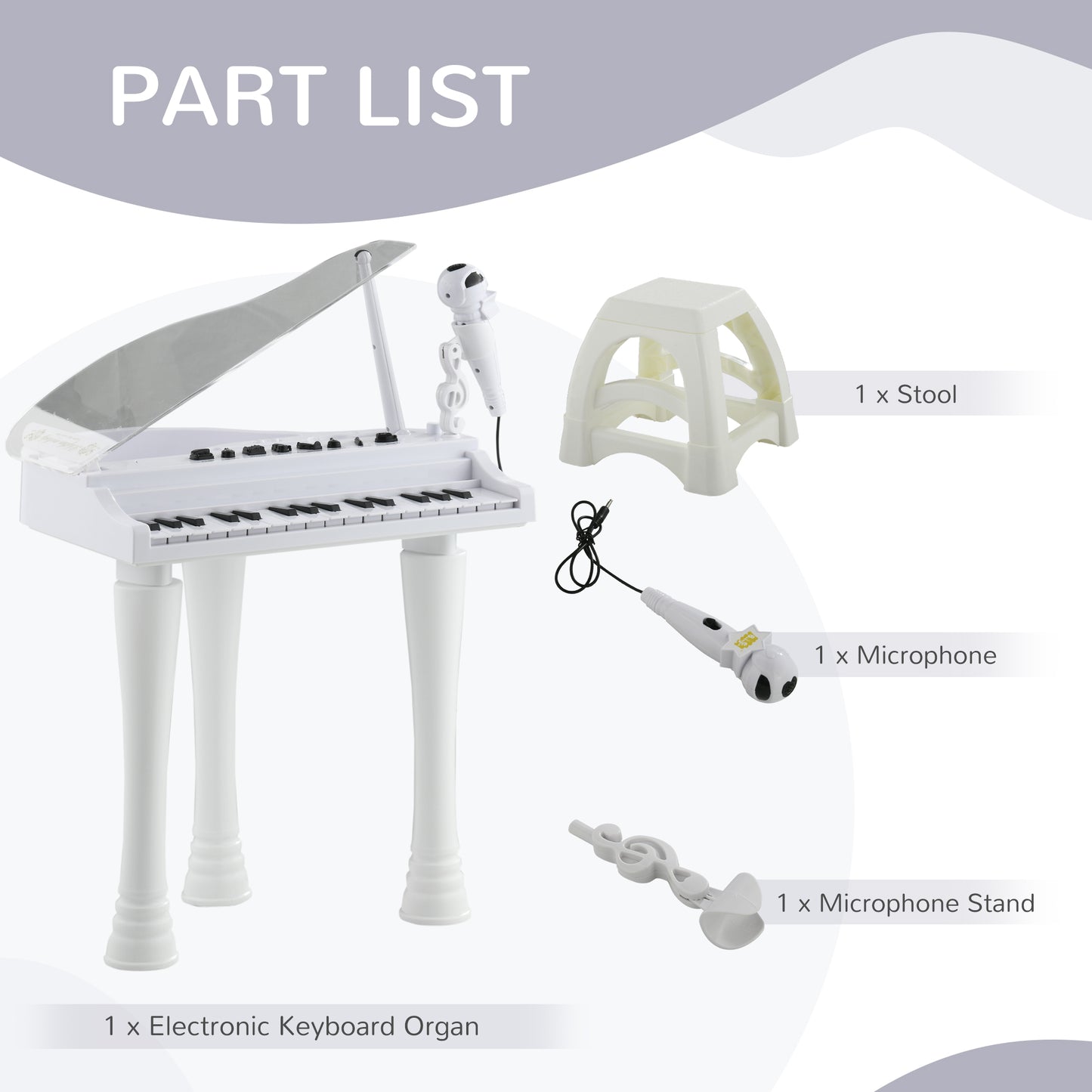 AIYAPLAY 32Key Kids Piano Keyboard with Stool Lights Microphone Sounds Removable Legs White