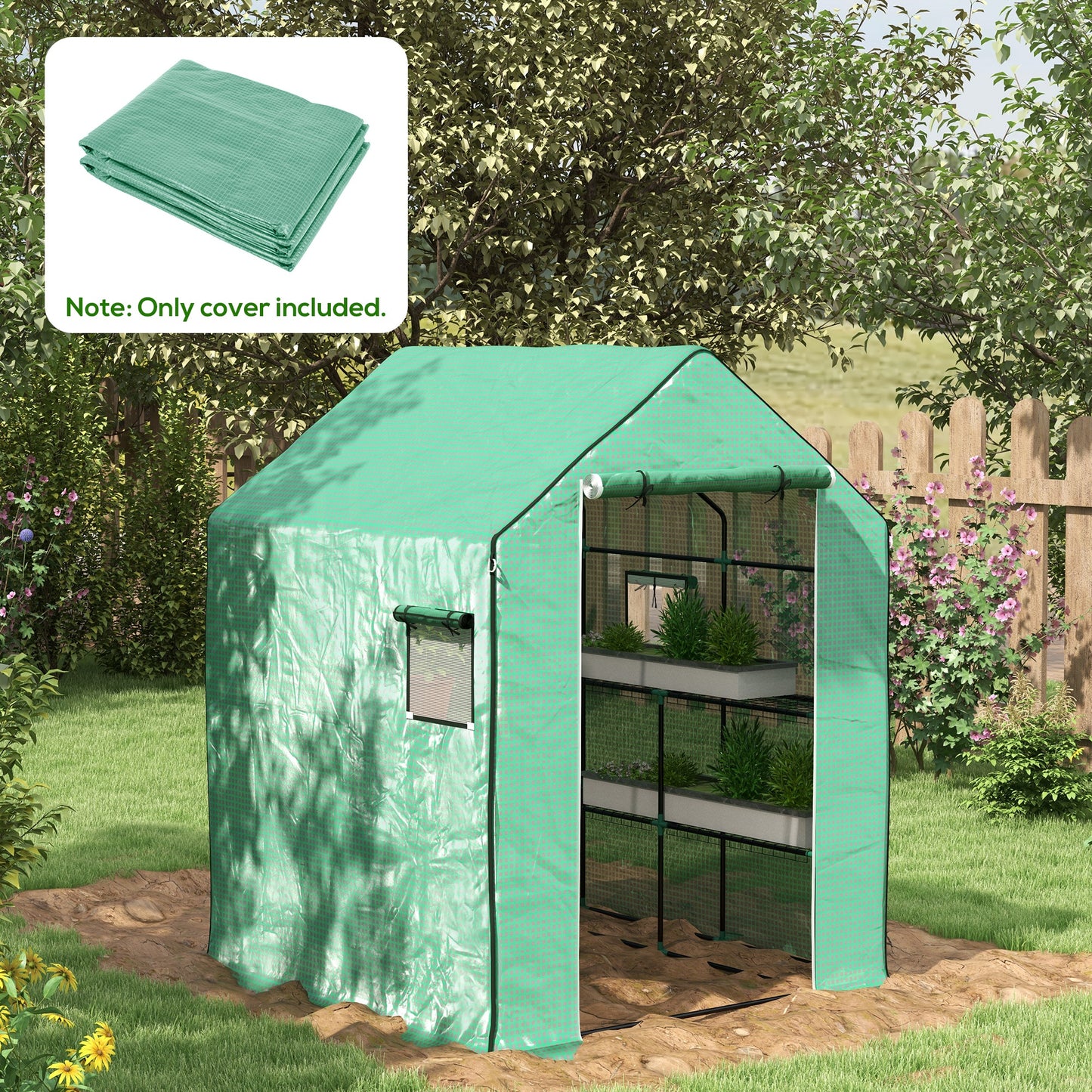 Outsunny Greenhouse Cover Replacement Walkin PE Hot House Cover with Rollup Door and Windows 140 x 143 x 190cm Green