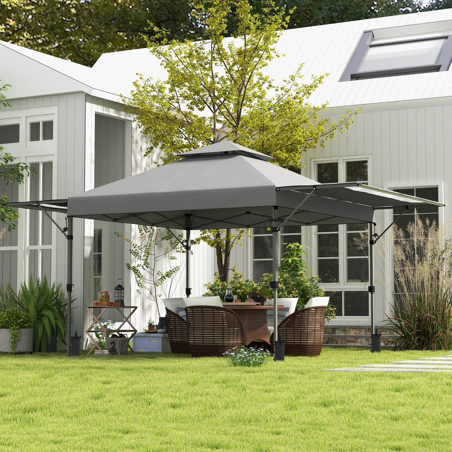 Outsunny 5 x 3(m) Pop Up Gazebo with Extend Dual Awnings, 1 Person Easy up Marquee Party Tent with 1-Button Push, Double Roof, Wheeled Bag, Sandbags, Height Adjustable Instant Shelter, Grey