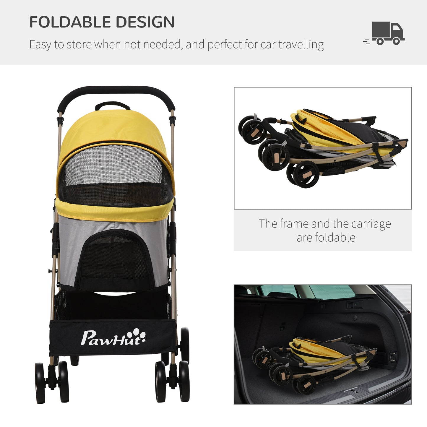 PawHut Detachable Pet Stroller, 3-In-1 Dog Cat Travel Carriage, Foldable Carrying Bag with Universal Wheel Brake Canopy Basket Storage Bag, Yellow