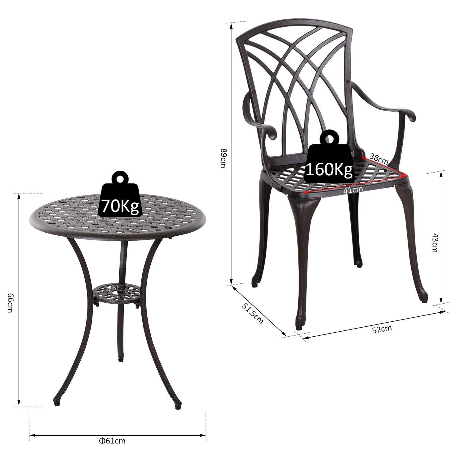 Outsunny Patio Cast Aluminium 3 PCS Bistro Set Coffee Table & 2 Chairs Set Outdoor Garden Furniture Set