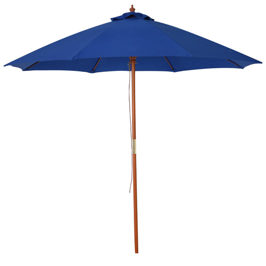 Outsunny 2.5m Wood Garden Parasol Sun Shade Patio Outdoor Market Umbrella Canopy with Top Vent, Blue w/ Vent