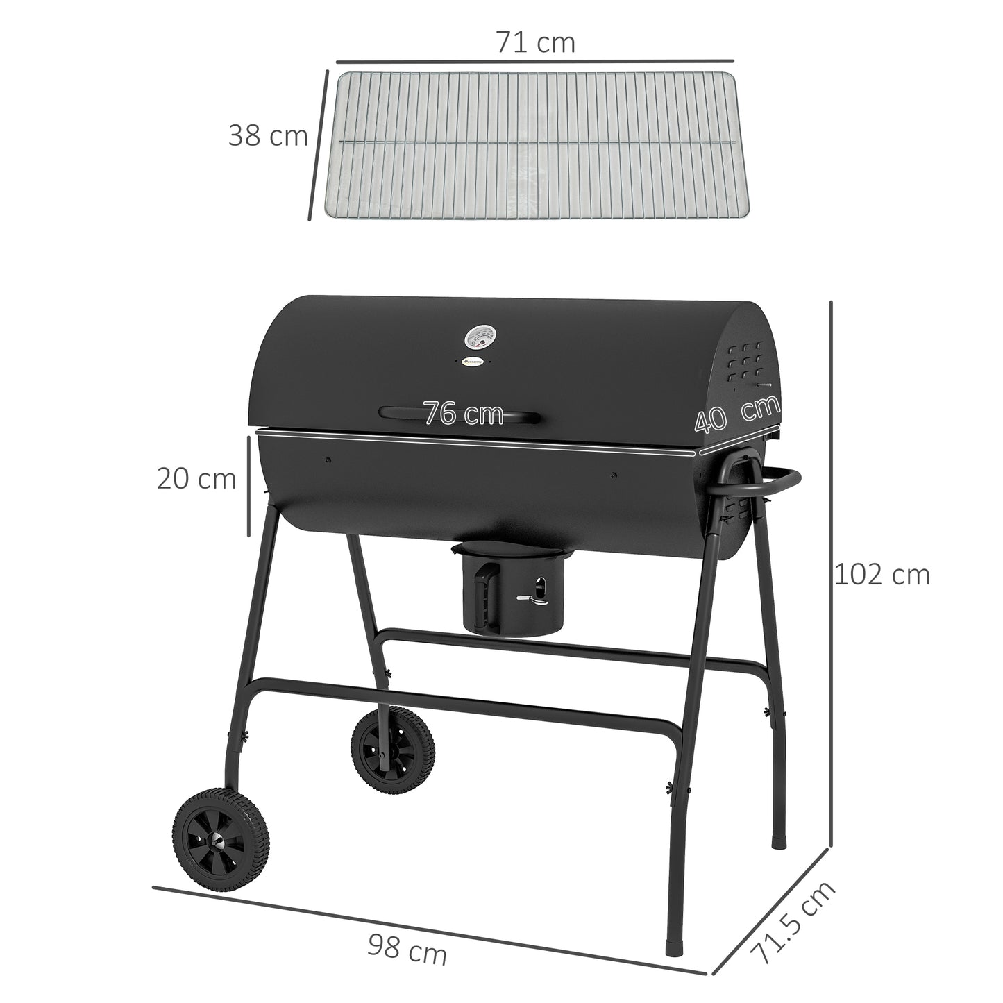 Outsunny Outdoor Wheeled Barrel Charcoal Barbecue Grill Trolley, Black