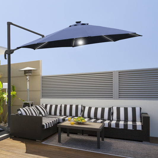 Outsunny 3(m) LED Cantilever Parasol Outdoor Sun Umbrella w/ Base Solar Lights Blue