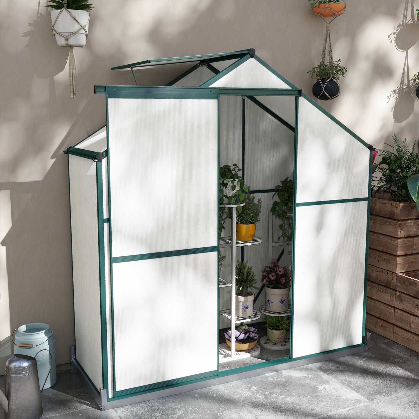 Outsunny 6 x 2.5ft Polycarbonate Greenhouse WalkIn Green House with Rain Gutter Sliding Door Window Foundation Green