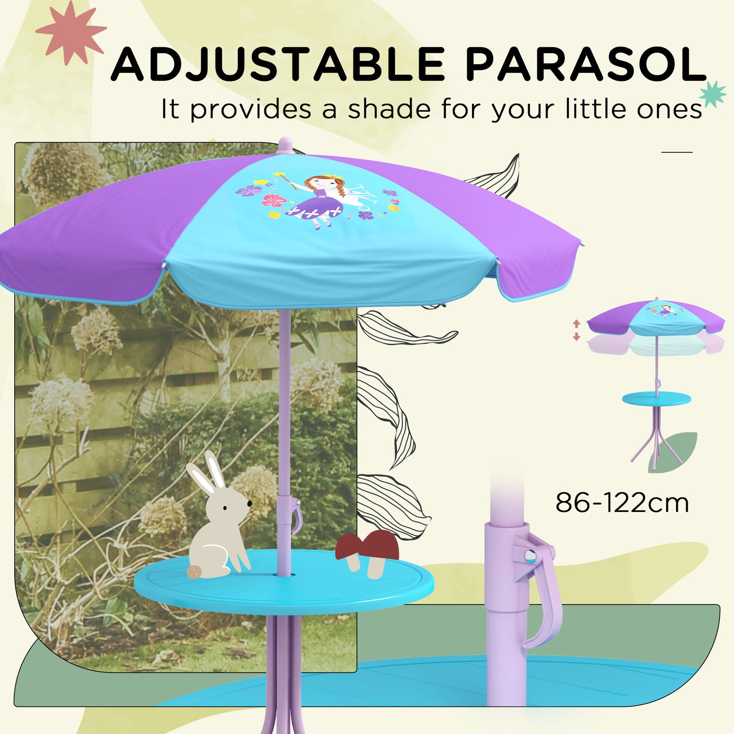 Outsunny Kids Picnic Table and Chair Set, Fairy Themed Outdoor Garden Furniture w/ Foldable Chairs, Adjustable Parasol