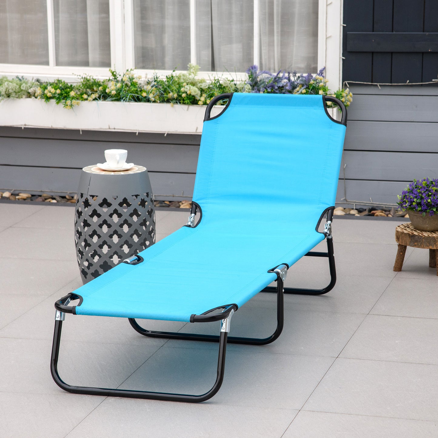 Outsunny Folding Chaise Lounge Pool Chairs, Outdoor Sun Tanning Chairs, Reclining Back, Steel Frame & Breathable Mesh, Sky Blue