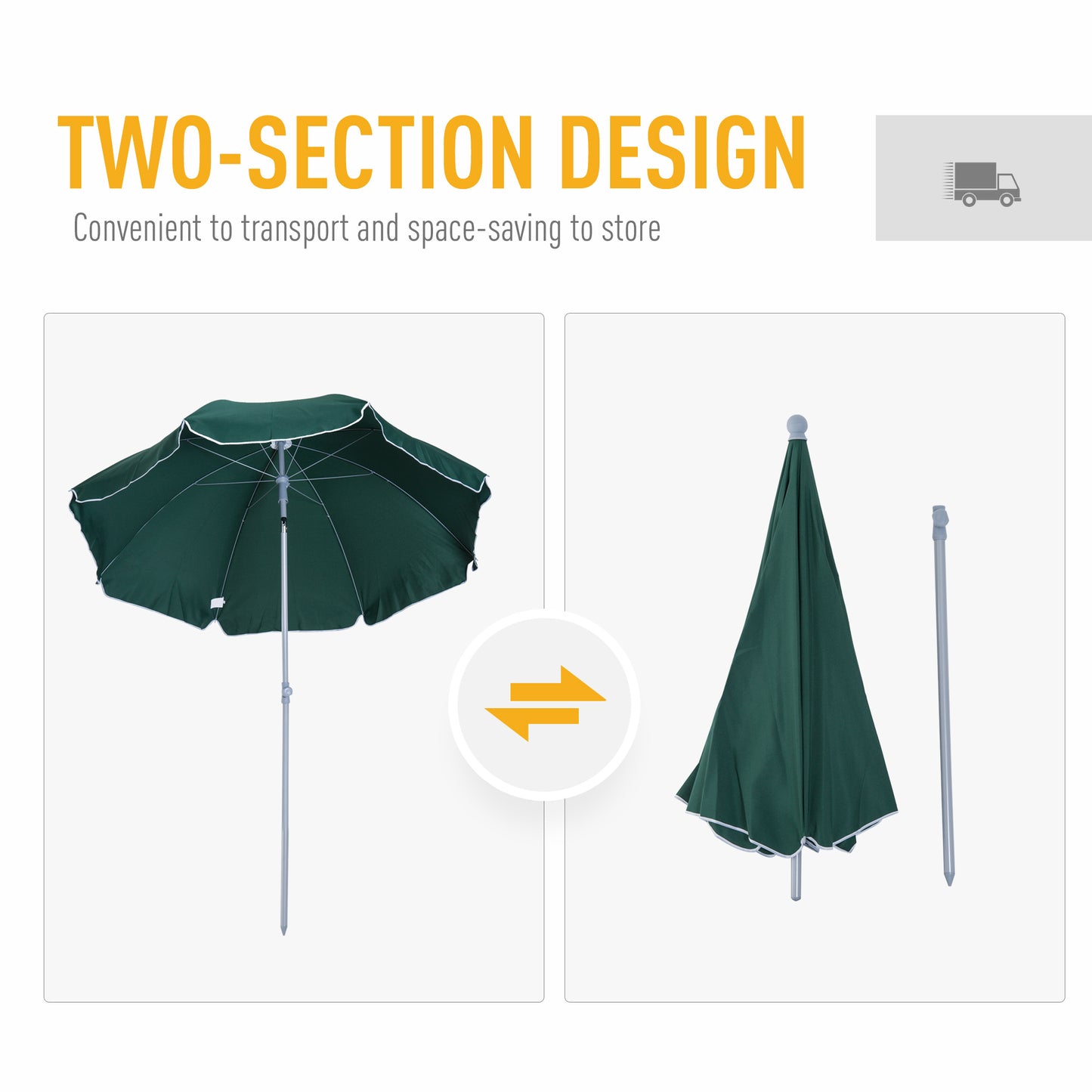 Outsunny Beach Umbrella Parasol,φ2.2m, Steel-Dark Green
