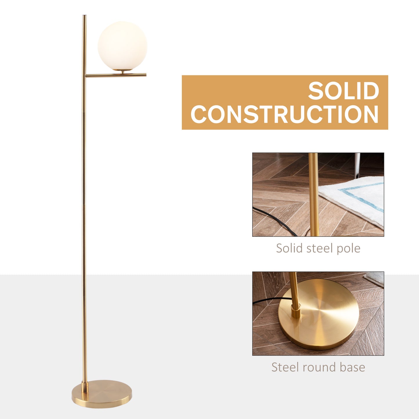 HOMCOM Modern Floor Lamp Metal Frame Sphere Light w/ Pedal Switch Unique Standing Beautiful Furnishing for Home Office Living Room, Gold Reading Land