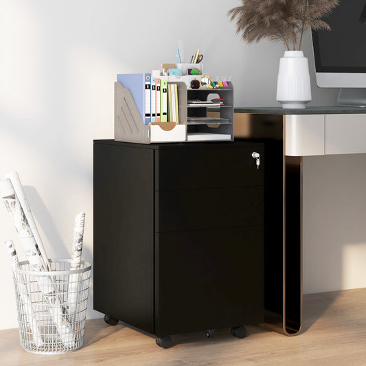 Vinsetto 3-Drawer Vertical Filing Cabinet with Lock and Pencil Tray, Steel Mobile File Cabinet with Adjustable Hanging Bar for A4, Legal and Letter Size, Black