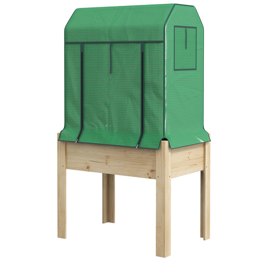 Outsunny Wooden Planter Box with PE Greenhouse Cover and Bed Liner Raised Garden Bed for Vegetables Flowers Herbs