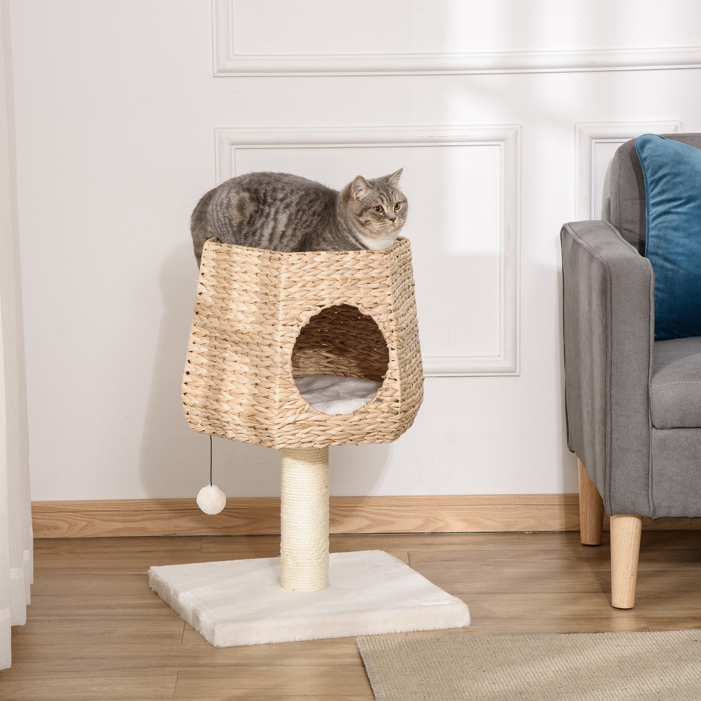 PawHut Cat Tree Tower Climbing Activity Center Kitten Furniture with Cattail Fluff Bed Condo Sisal Scratching Post Hanging Ball 45 x 45 x 66cm Natural
