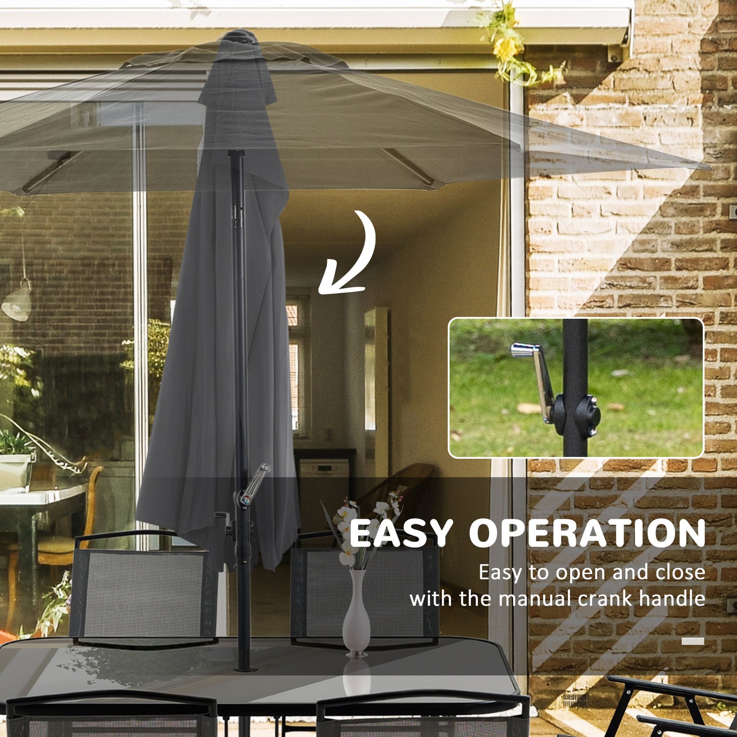 Outsunny 8 Pieces Metal Garden Furniture Set with Parasol and Folding Chairs, Patio Dining Set, 6 Seater Outdoor Table and Chairs with Tempered Glass Top, Black