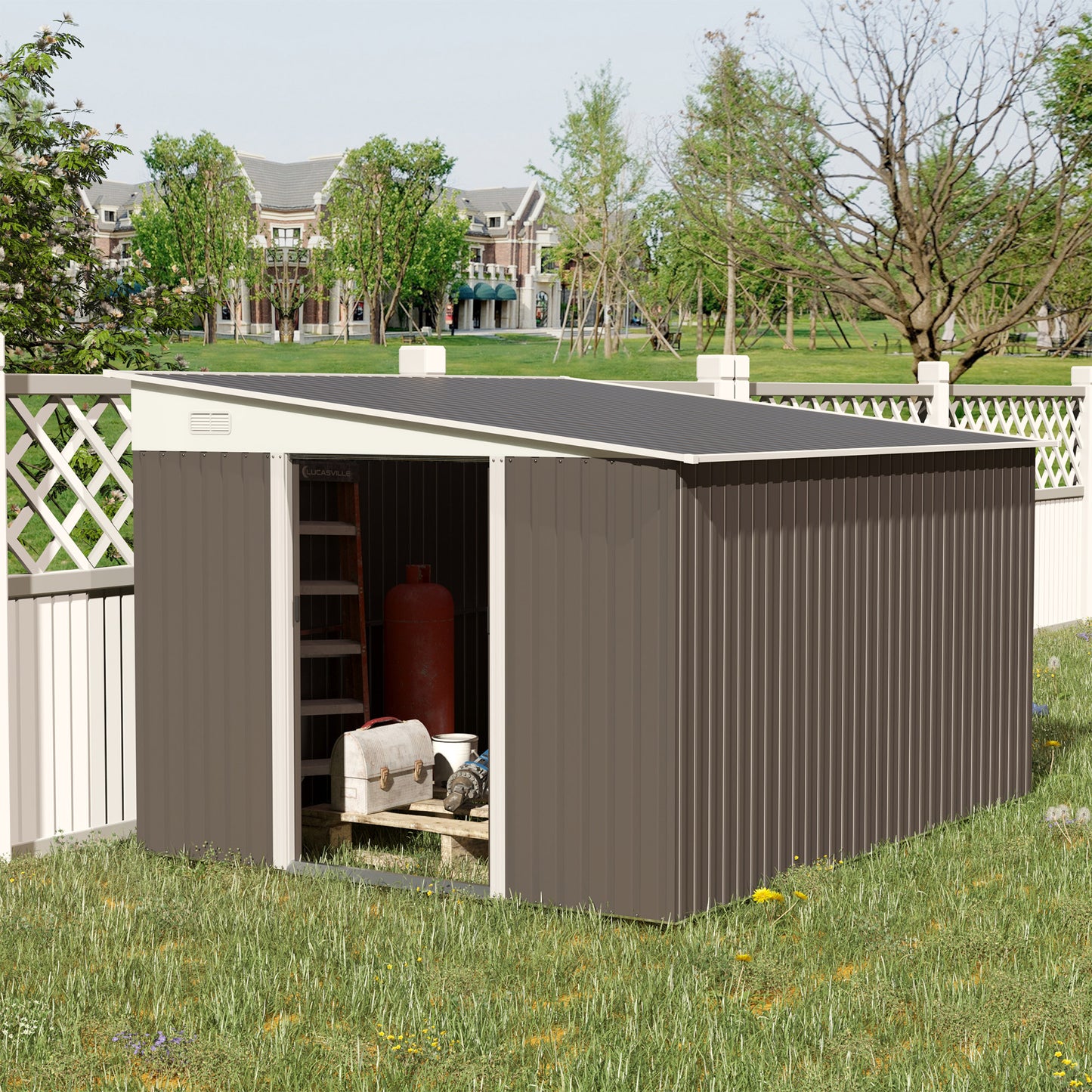 Outsunny 11.3 x 9.2ft Steel Garden Storage Shed Outdoor Metal Tool House with Double Sliding Doors & 2 Air Vents, Grey