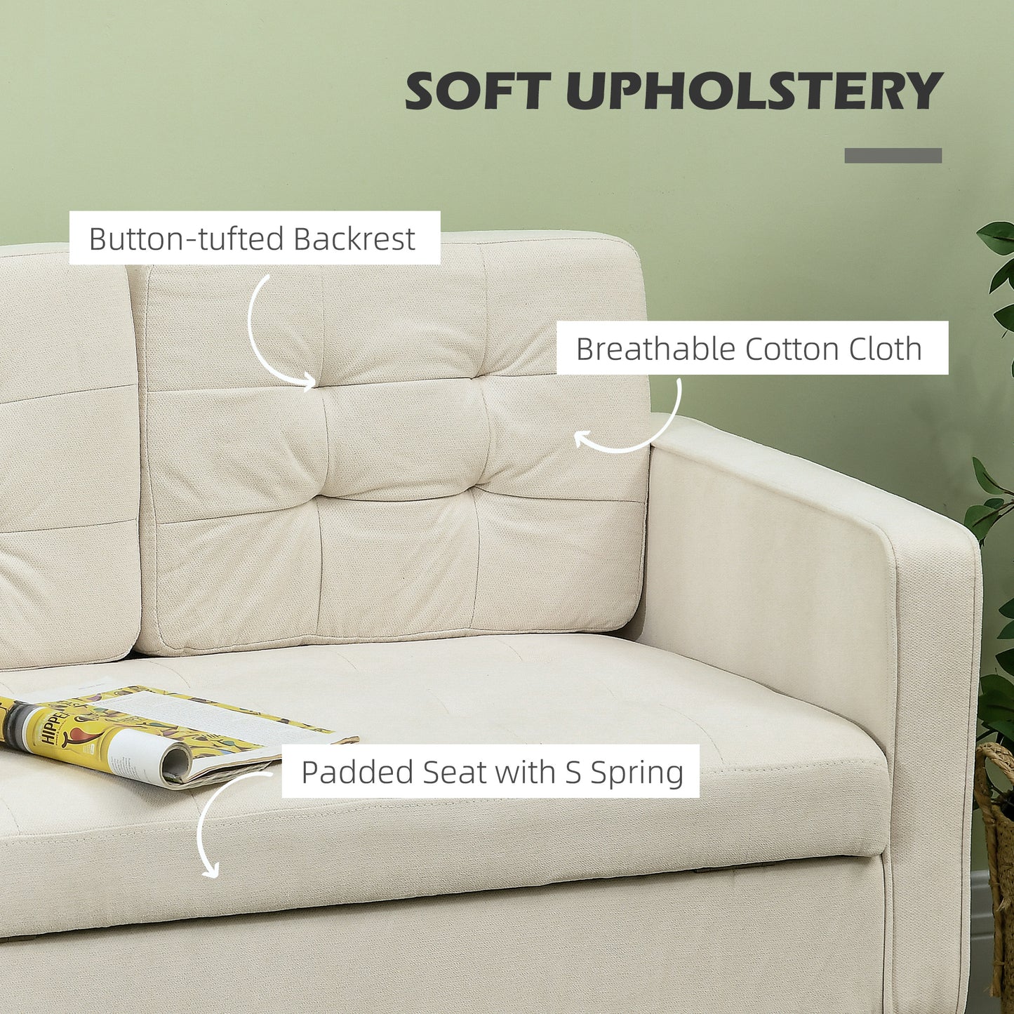 HOMCOM Modern Loveseat Sofa Compact 2 Seater Sofa with Hidden Storage 117cm Tufted Cotton Couch with Wood Legs Cream White