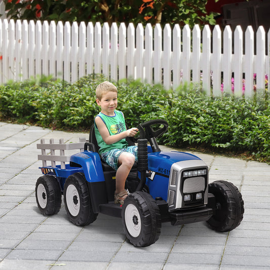HOMCOM Electric Ride on Tractor with Detachable Trailer, 12V Kids Battery Powered Electric Car with Remote Control, Music Start up Sound and Horn, Lights, for Ages 3-6 Years - Blue
