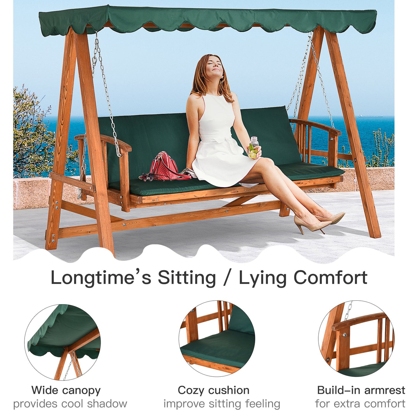 Outsunny 3 Seater Wooden Garden Swing Chair