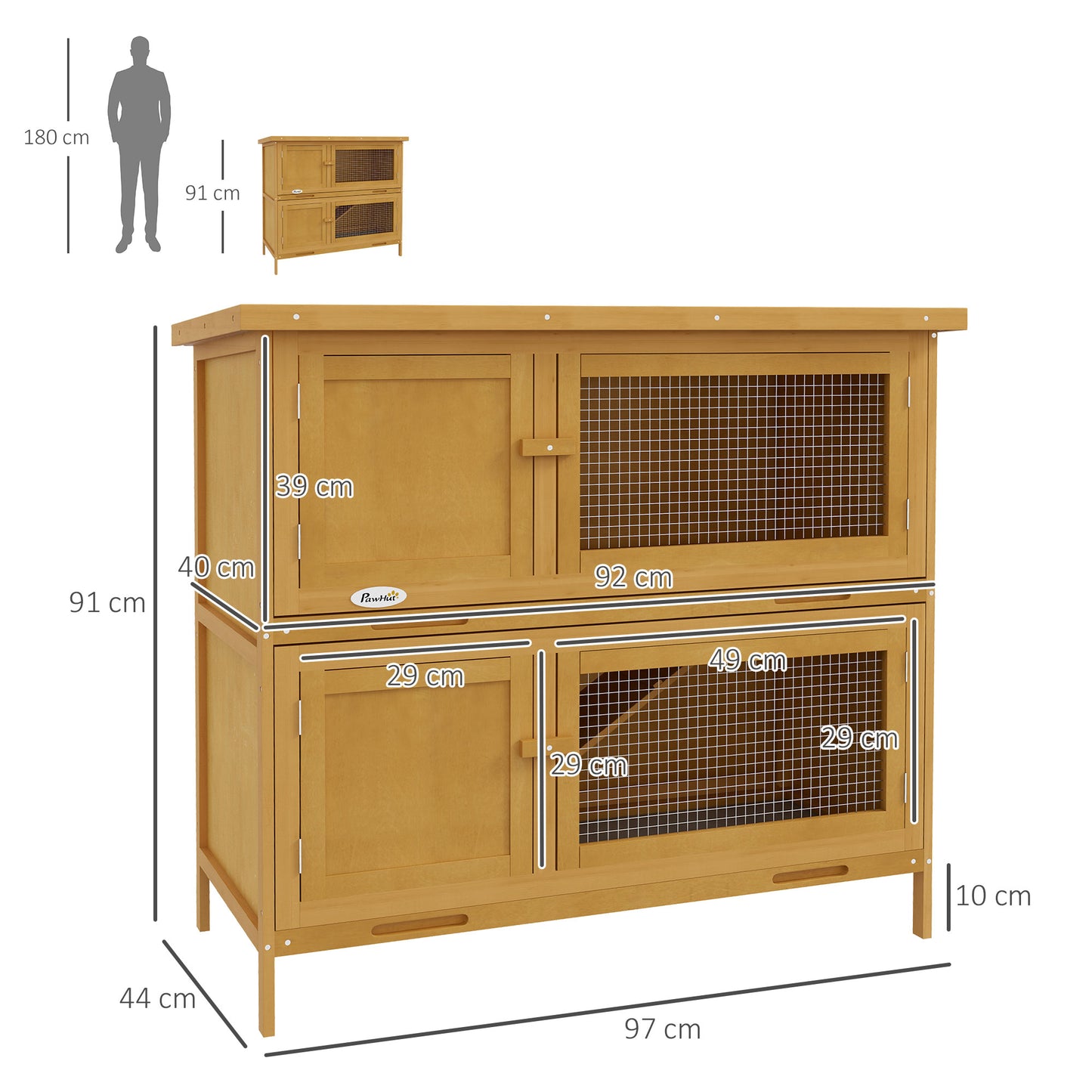 PawHut Double Decker Rabbit Hutch 2 Tier Guinea Pig House Pet Cage Outdoor with Slidingout Tray 100 x 47 x 91cm Yellow