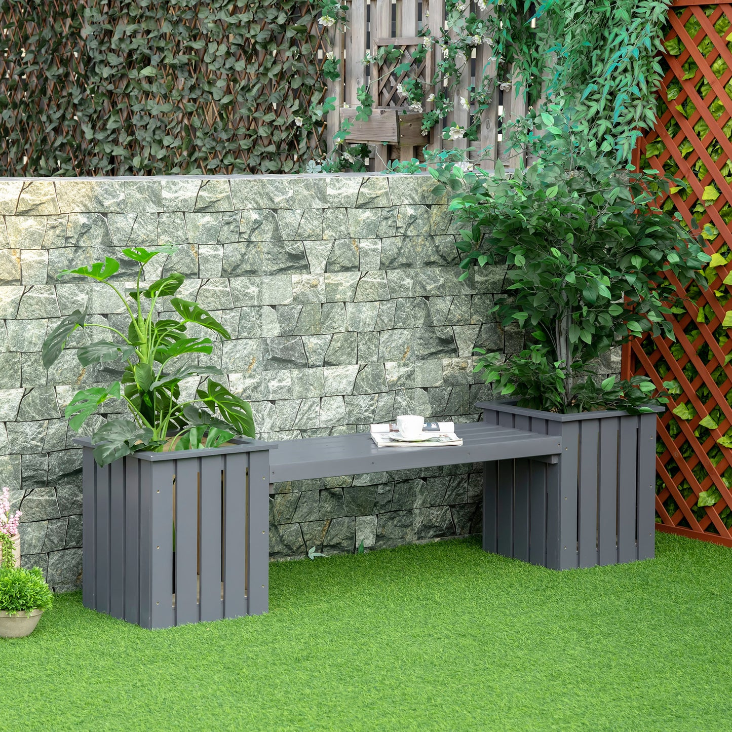 Outsunny 2 Seater Wooden Garden Planter & Bench Combination, Planter Box with Garden Bench for Patio, Park and Deck, 192 x 43 x 50 cm, Grey