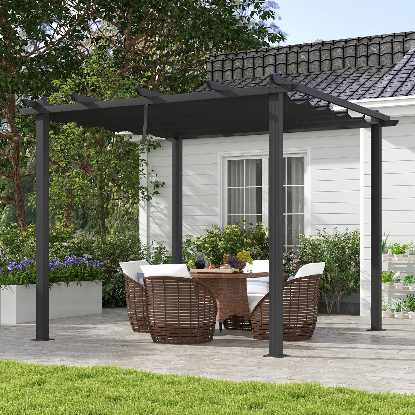 Outsunny 3 x 3(m) Aluminium Pergola, with Retractable Roof - Dark Grey
