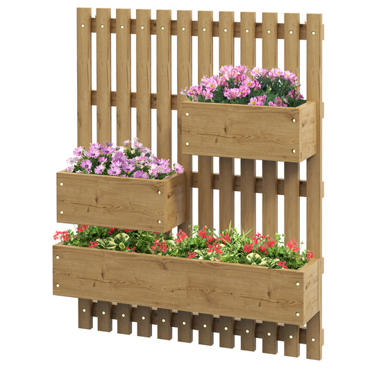 Outsunny Wallmounted Wooden Garden Planters with Trellis Drainage Holes and 3 Planter Boxes for Patio Carbonised