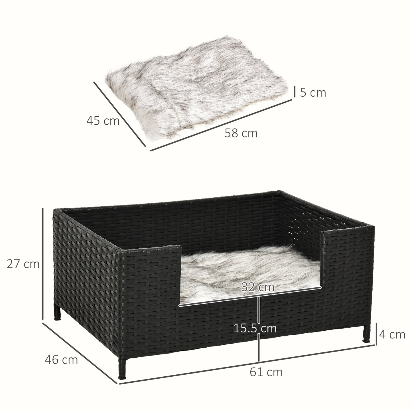 PawHut Rattan Dog Cat Bed Four Feet Pet House Hand-knitted Metal Small Animal Sofa Rattan with Soft Machine Washable Cushion Indoor Black 61L x 46W x 27H cm Use