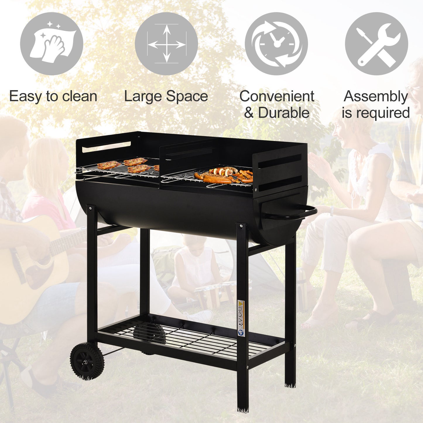 Outsunny Trolley Charcoal BBQ Barbecue Grill Cooker Patio Outdoor Garden Heating Heat Smoker with Wheels, Black 90 x 45 x 96cm