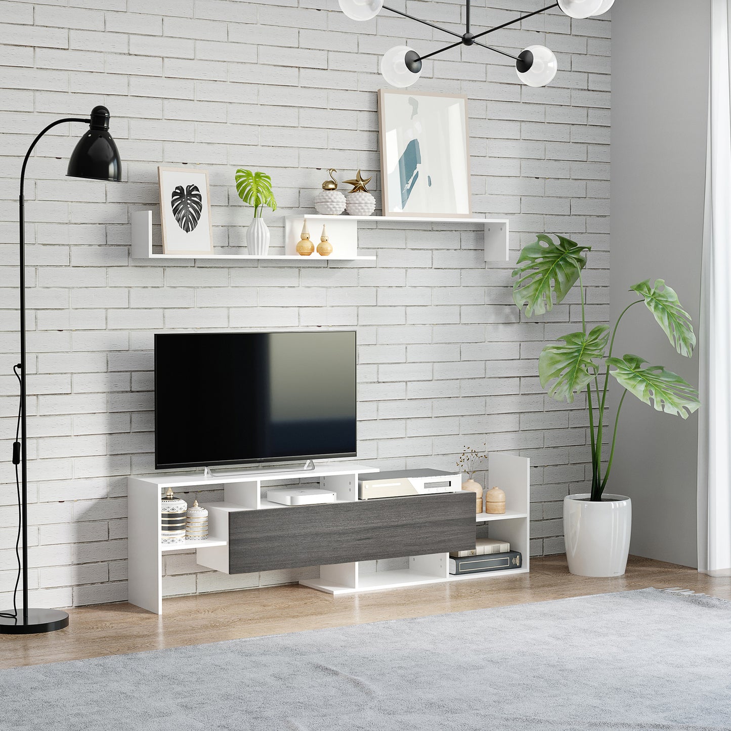 HOMCOM Modern TV Cabinet with Wall Shelf, TV Unit with Storage Shelf and Cabinet, Living Room Bedroom, White and Grey