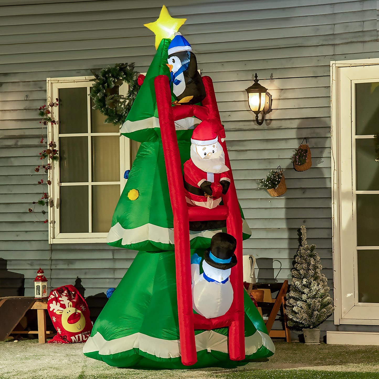 Outsunny 8ft Inflatable Christmas Tree with Santa Claus, Penguin and Snowman on Ladder