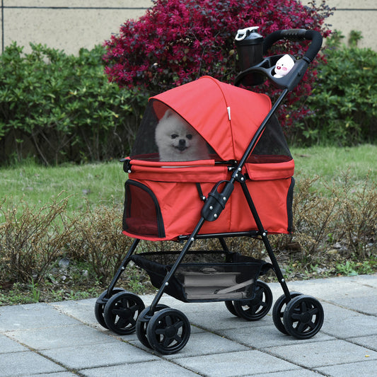 PawHut No-Zip Pet Stroller Dog Cat Travel Pushchair One-Click Fold Trolley Jogger with EVA Wheels Brake Basket Adjustable Canopy Safety Leash Red Foldable Carriage