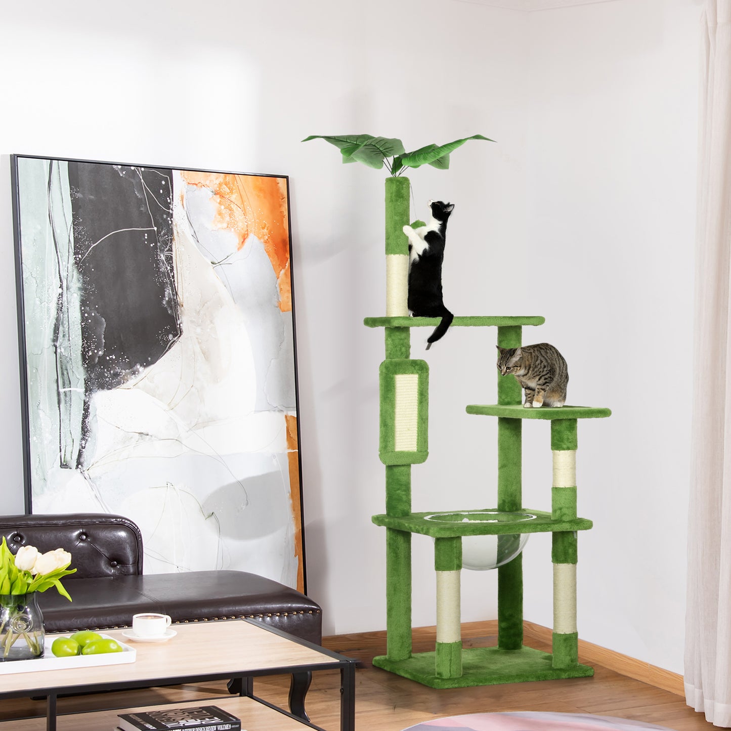 PawHut 142cm Cat Tree Tower with Scratching Post Hammock Toy Ball Platforms Green
