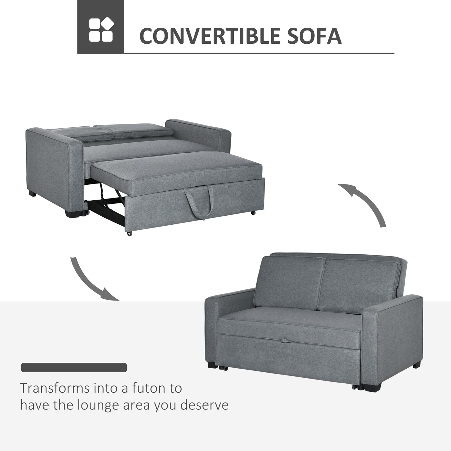 HOMCOM Double Sofa Bed Click Clack Sofa Bed Pull Out Bed with Adjustable Backrest for Living Room and Bedroom Grey