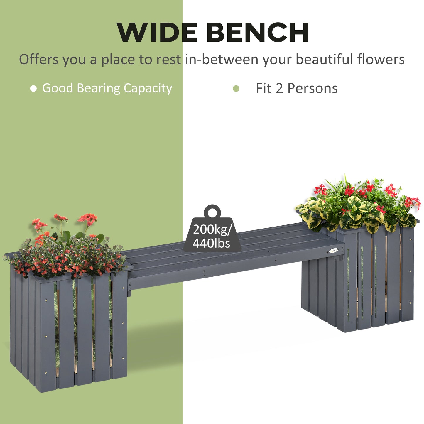 Outsunny 2 Seater Wooden Garden Planter & Bench Combination, Planter Box with Garden Bench for Patio, Park and Deck, 192 x 43 x 50 cm, Grey