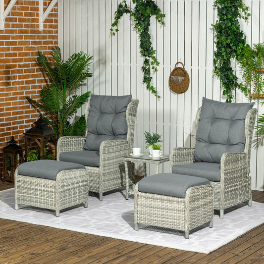Outsunny 5 Pieces PE Rattan Sun Lounger Set, Outdoor Half-round Wicker Recliner Sofa Bed with Glass Top Two-tier Table and Footstools, Ready to Use, Mixed Grey
