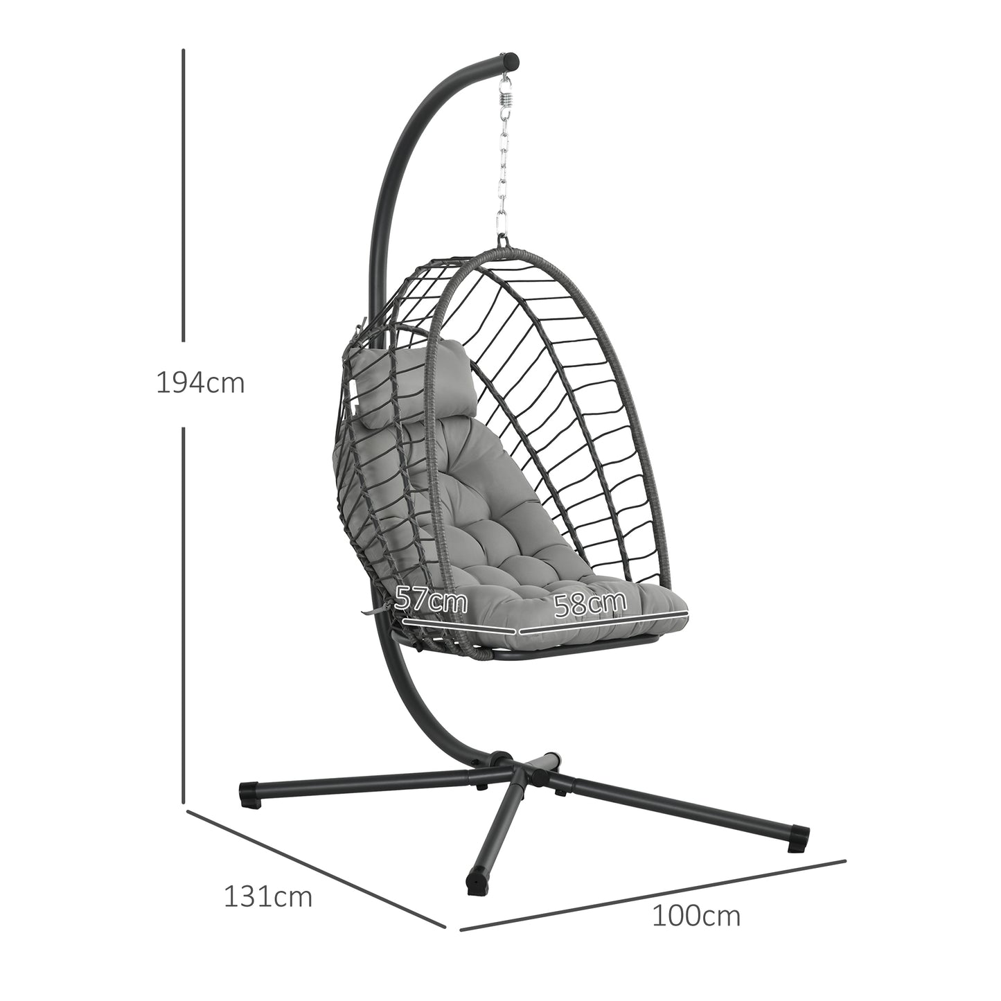 Outsunny Outdoor PE Rattan Swing Chair with Cushion, Garden Foldable Basket Patio Hanging Egg Chair with Metal Stand, Headrest, for Indoor and Outdoor, Light Grey