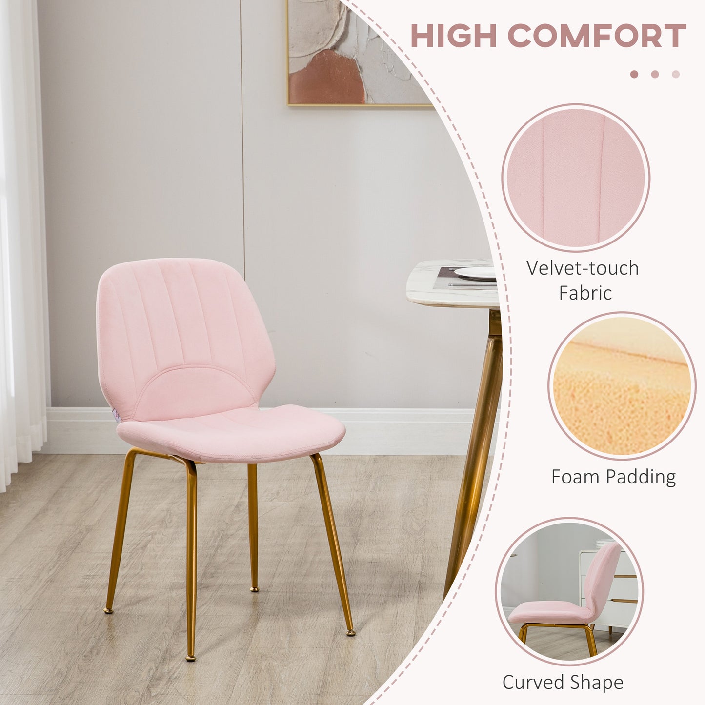 HOMCOM Velvet Dining Chairs Set of 2, 2 Piece Dining Room Chairs with Backrest, Padded Seat and Steel Legs, Pink