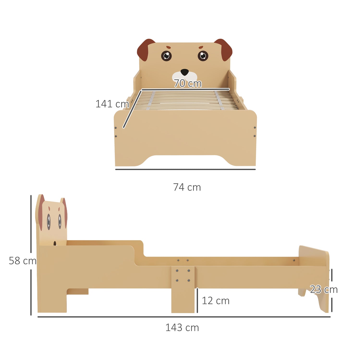 ZONEKIZ Kids Bed for 36 Years Old PuppyThemed Design 143 x 74 x 58 cm Yellow