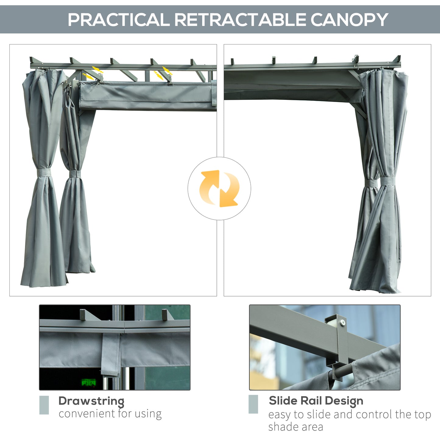 Outsunny 3.6 x 3(m) Outdoor Retractable Pergola Gazebo Garden Sun Shade Canopy Curtains