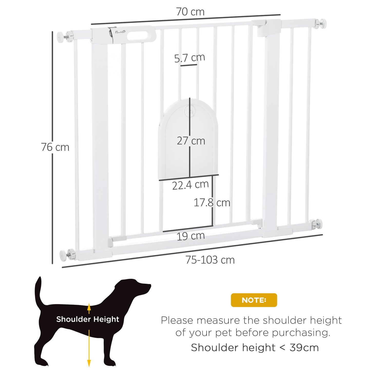 PawHut Dog Gate with Cat Flap Pet Safety Gate Barrier, Stair Pressure Fit, Auto Close, Double Locking, for Doorways, Hallways, 75-103 cm White