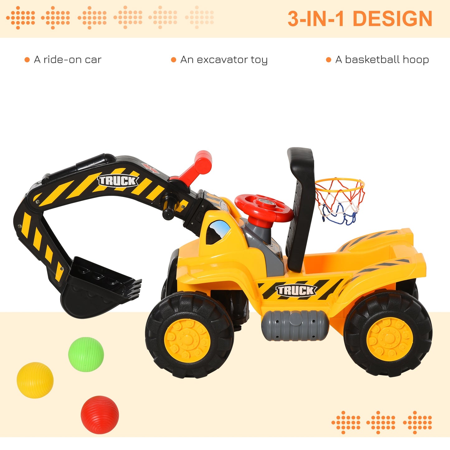 HOMCOM Kids 4-in-1 HDPE Excavator Ride On Truck Yellow/Black