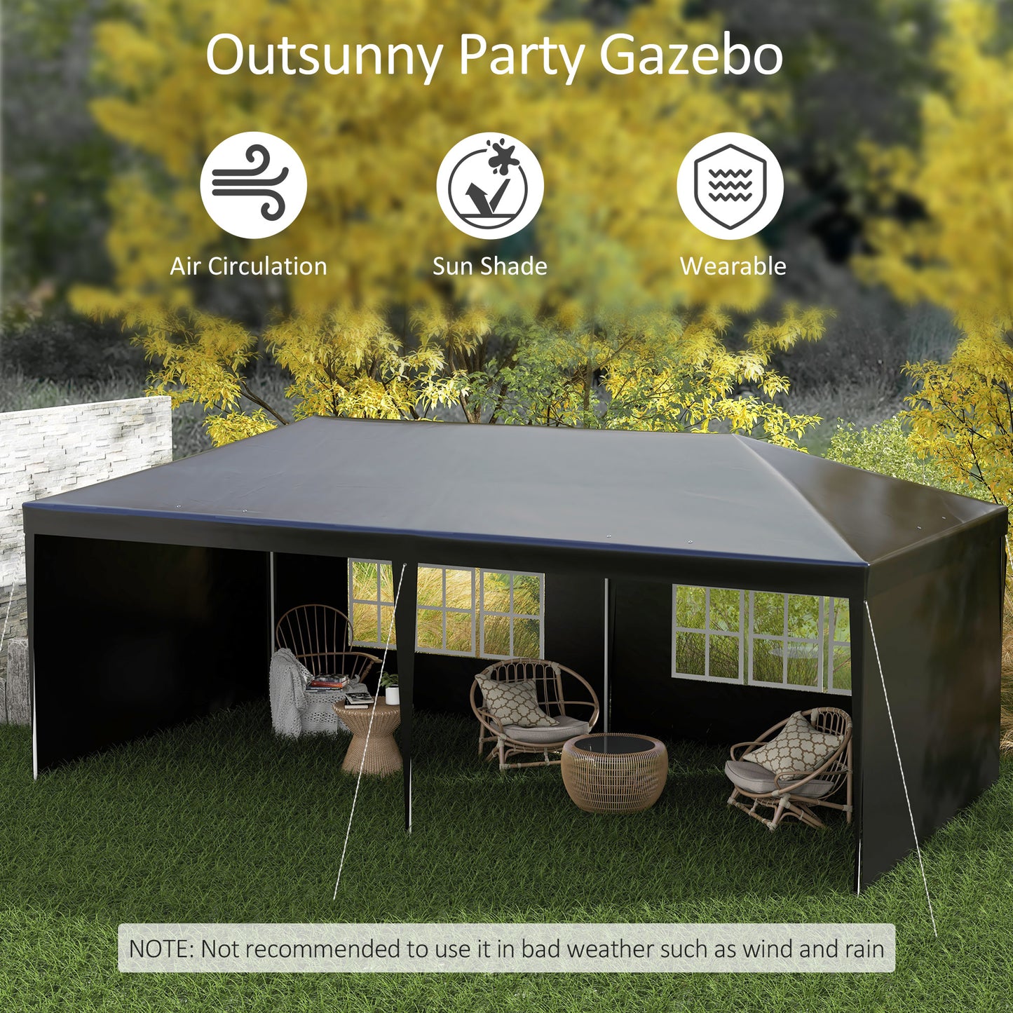Outsunny 6 x 3m Half-Open Garden Gazebo, with Windows - Black