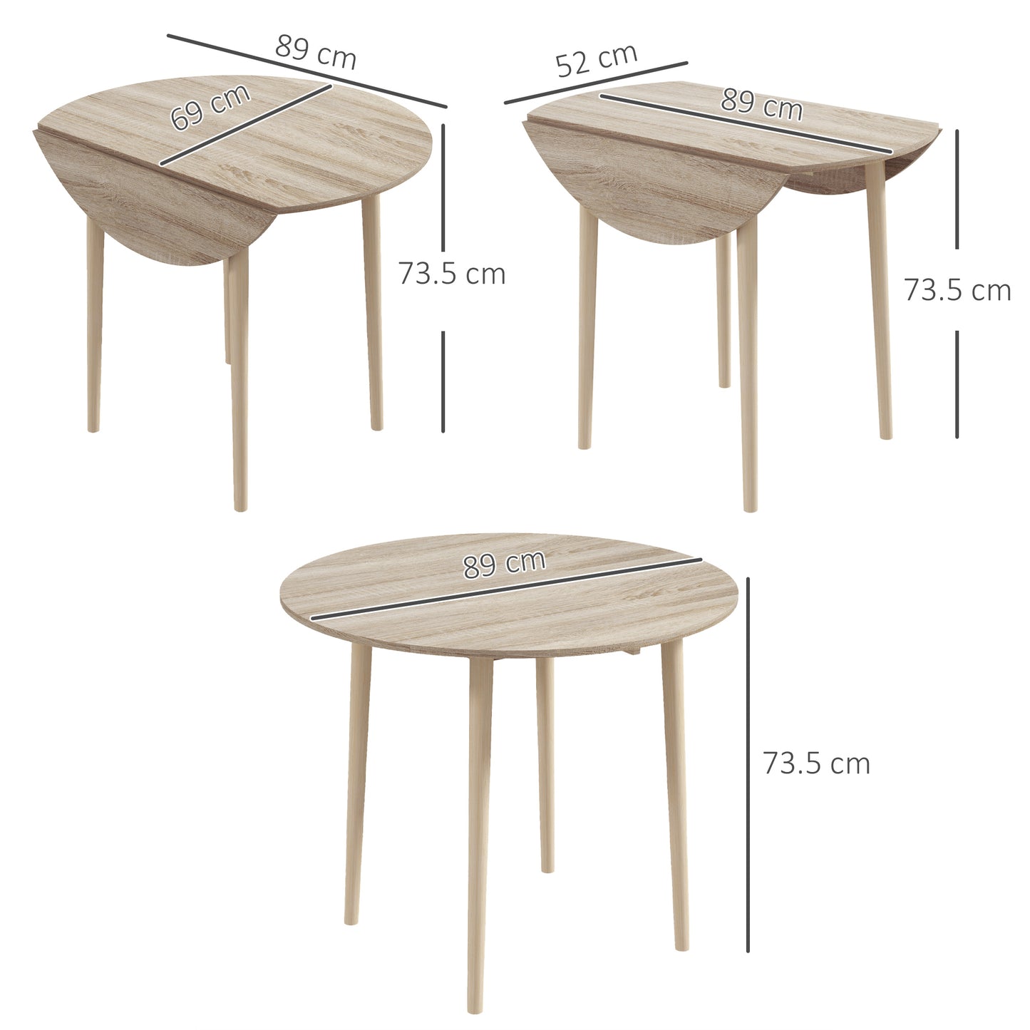 HOMCOM Folding Dining Table, Round Drop Leaf Table, Space Saving Small Kitchen Table with Wood Legs for Dining Room, Natural