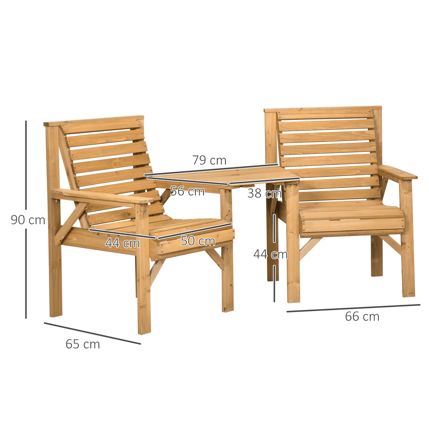 Outsunny Wooden Garden Love Seat, 2 Seater Jack & Jill Companion Seat with Coffee Table and Parasol Hole, Partner Bench, Table and Chairs Set, Outdoor Furniture for Backyard, Balcony, Patio, Brown