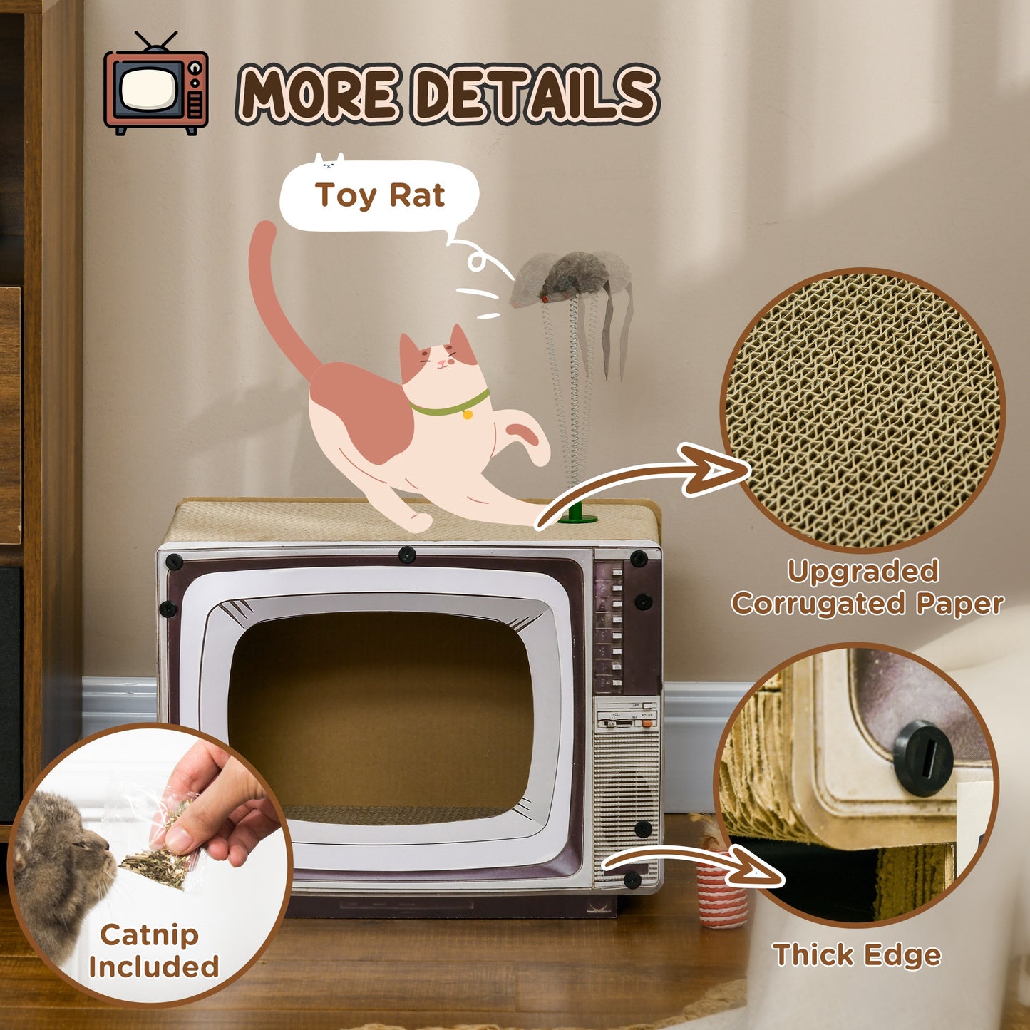 PawHut TVShaped Scratching Board with Scratcher Catnip Toy Rat Cat Scratcher for Indoor Cats 43 x 23 x 32.5cm