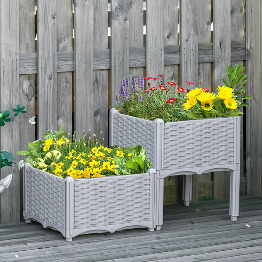Outsunny Set of 2 Garden Raised Bed Elevated Patio Flower Plant Planter Box PP Vegetables Planting Container, Grey 2-piece Plastic,