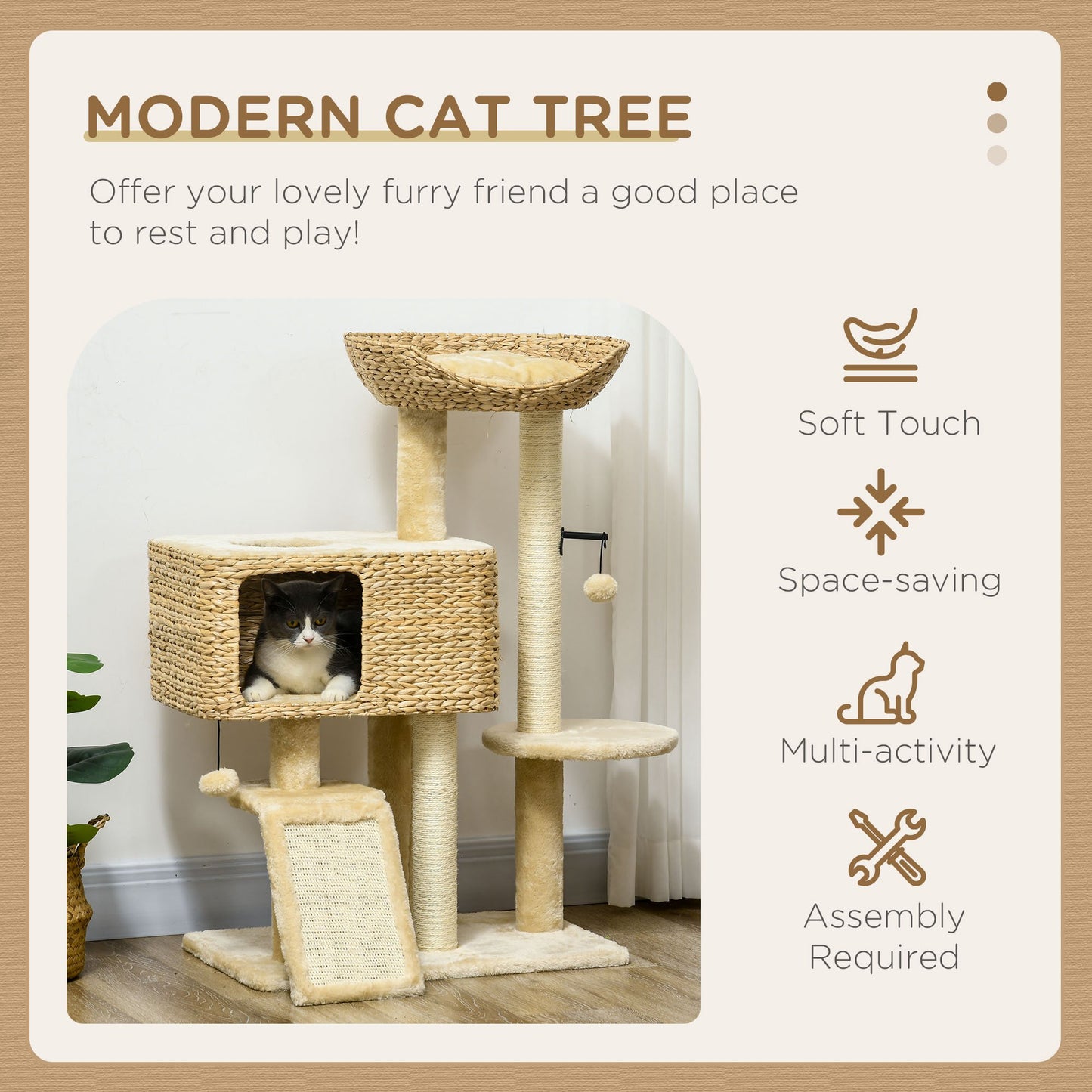 PawHut 95cm Cat Tree Tower for Indoor Cats with Scratching Post Cat House Toy Ball Platform Beige