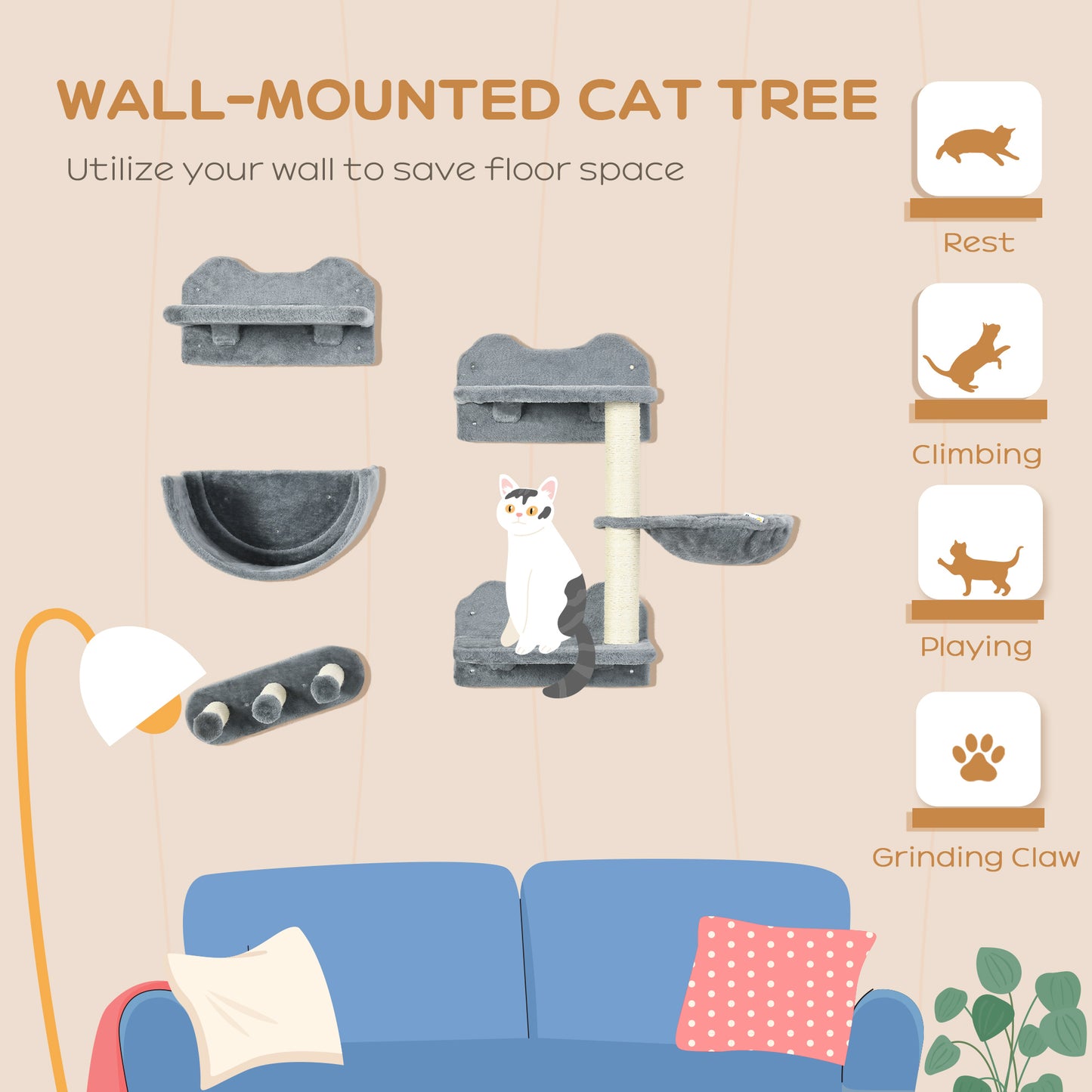 PawHut 4PCs Wall-Mounted Cat Shelves w/ Scratching Post, Hammock, Nest, Grey and Cream