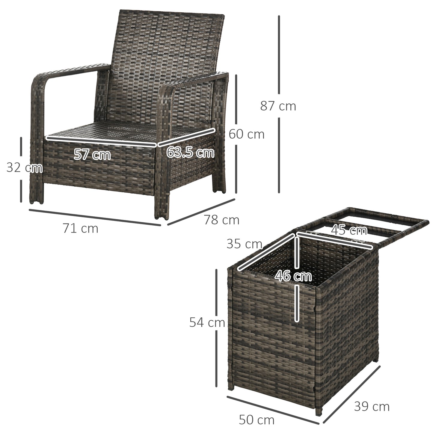 Outsunny 3 pcs PE Rattan Wicker Garden Furniture Patio Bistro Set Weave Conservatory Sofa Storage Table and Chairs Set Orange Cushion, Mixed Grey