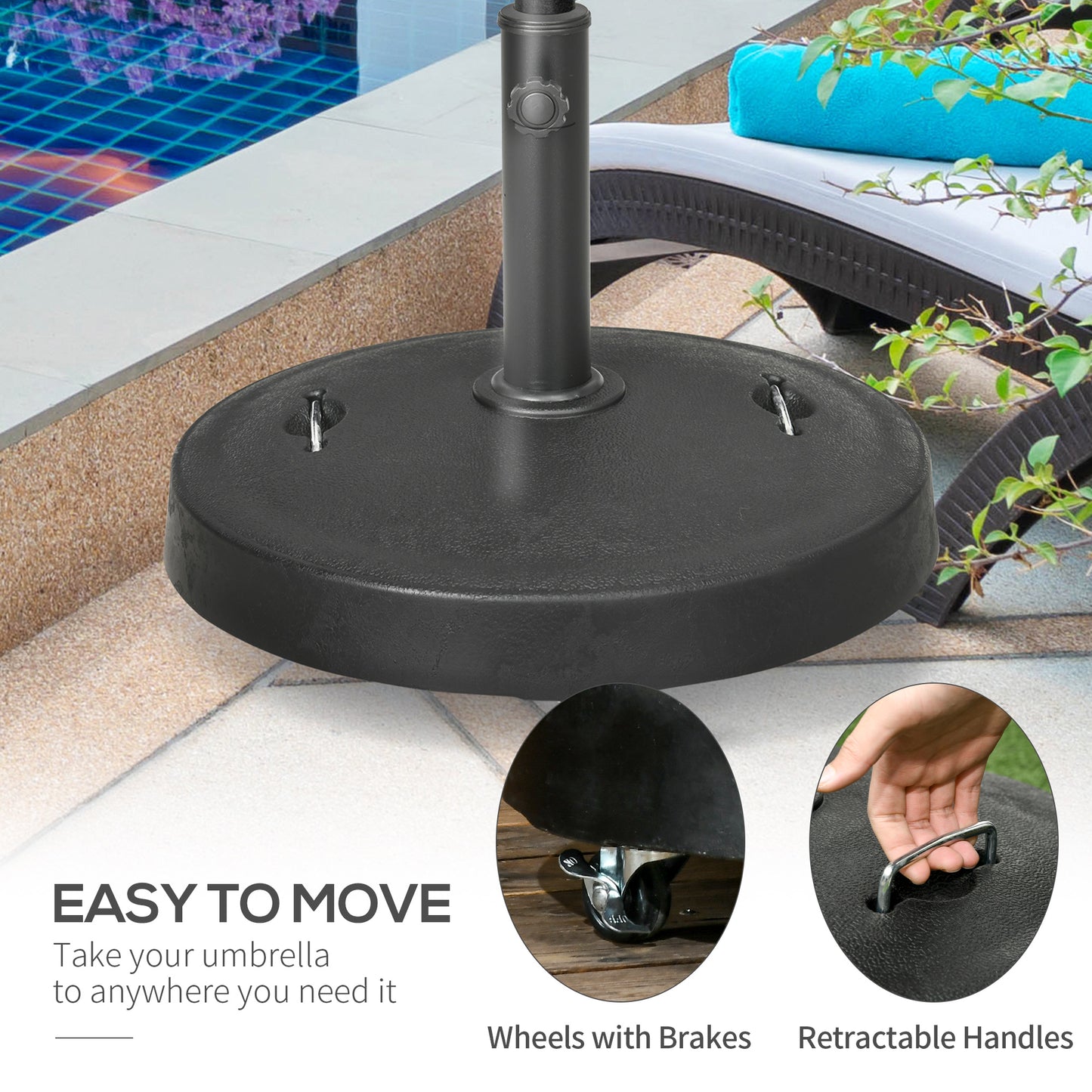 Outsunny 23.5kg Resin Garden Parasol Base with Wheels and Retractable Handles, Round Outdoor Market Umbrella Stand Weight for Poles of Ø38mm to Ø48mm, Black