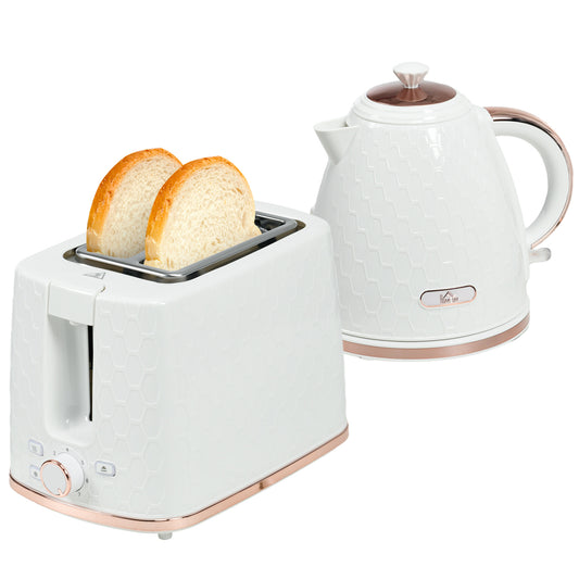 HOMCOM 1.7L 3000W Fast Boil Kettle & 2 Slice Toaster Set Kettle and Toaster Set with Auto Shut Off Browning Controls White